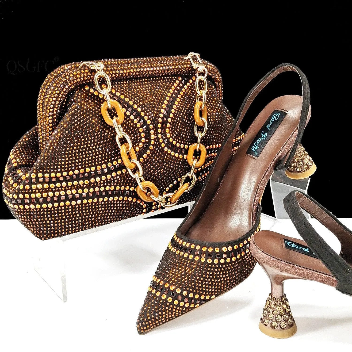 Women's pointed toe high heel shoes with matching small bag in synthetic leather, wine glass heel.