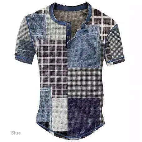 Men's graphic plaid colour block waffle henley short sleeve shirt, front view, regular fit, available in multiple colours