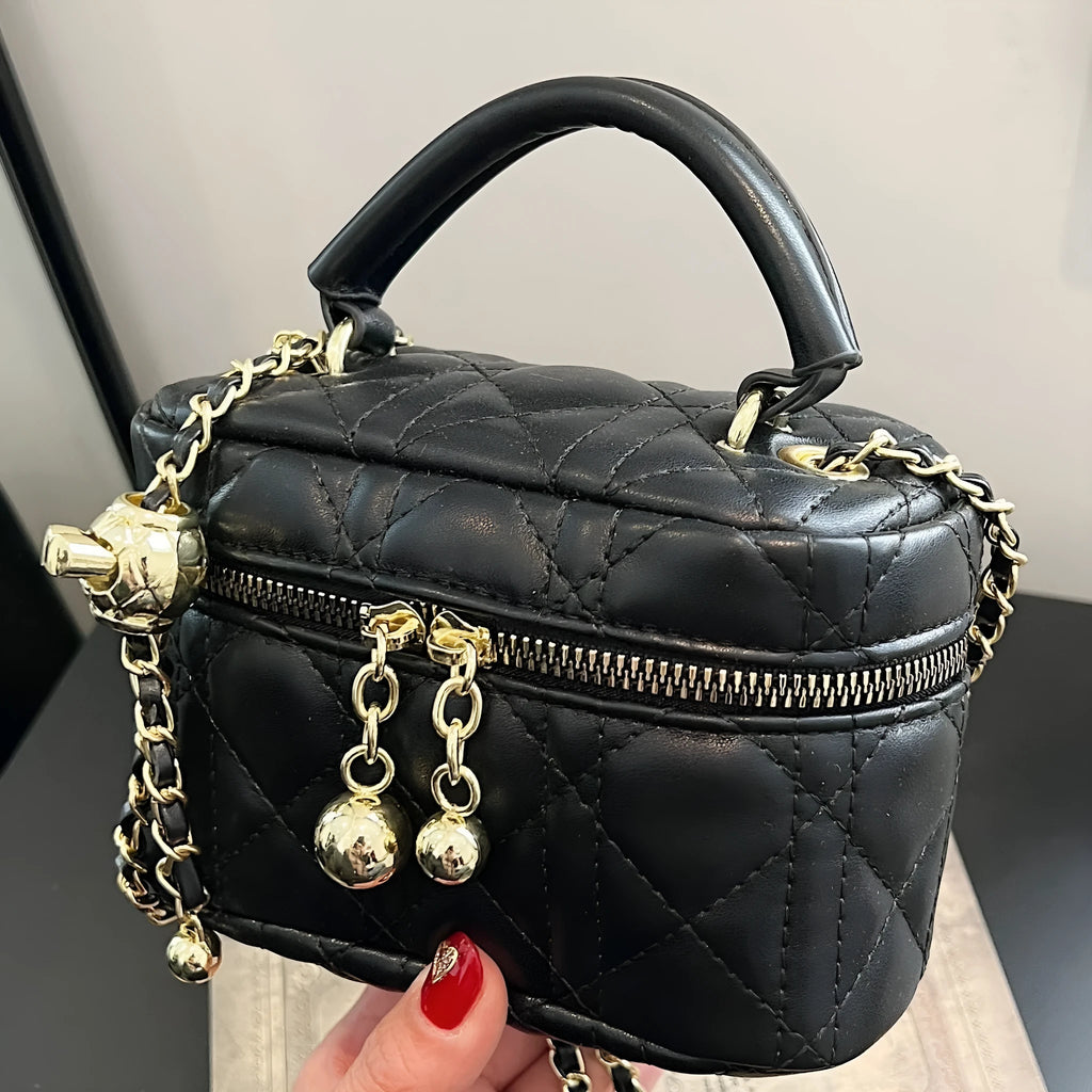 PU mini handbag with beaded chain, plaid and rhombus detail, horizontal square shape, soft construction, available in rose pink and black.