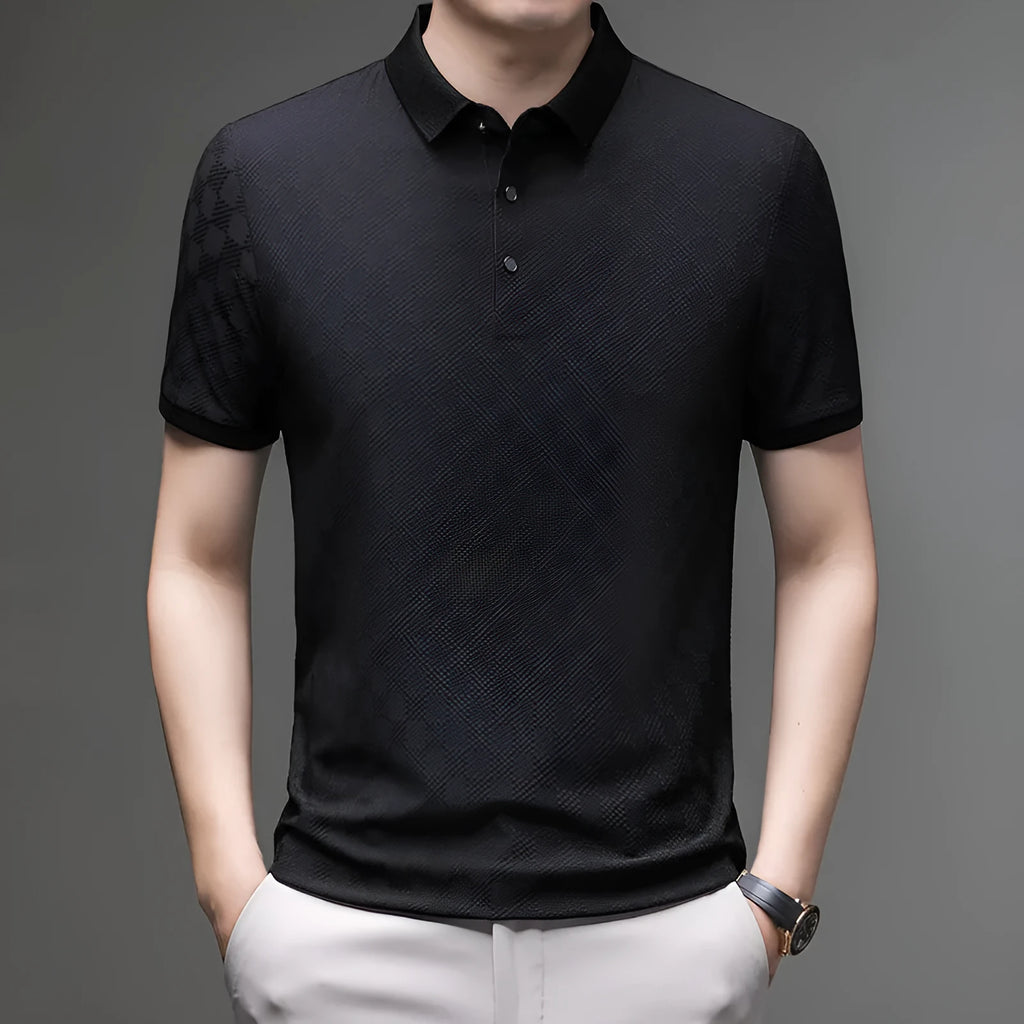 Rhombus brand thin ice silk short sleeve T-shirt with a split hem, shown in black.