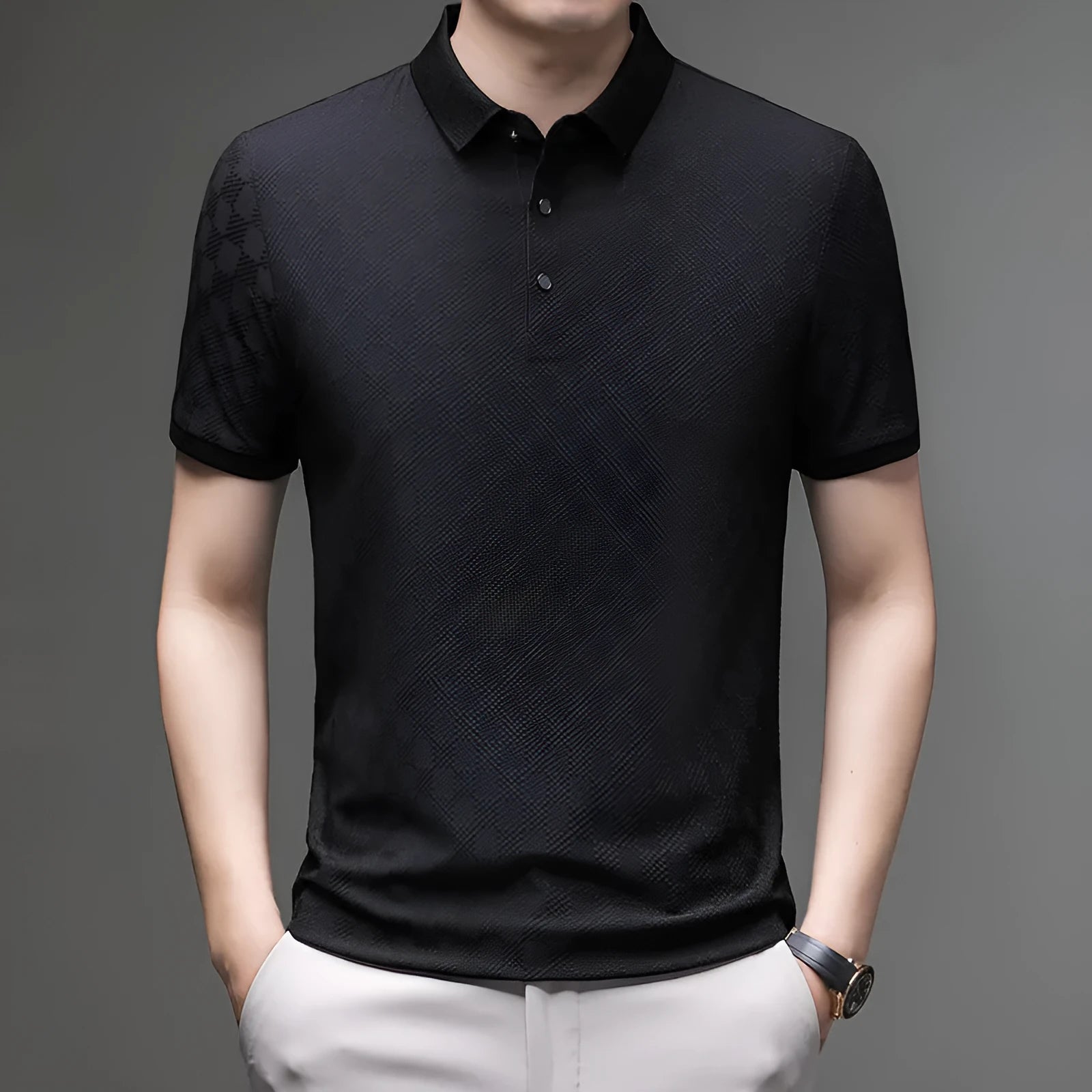 Rhombus brand thin ice silk short sleeve T-shirt with a split hem, shown in black.