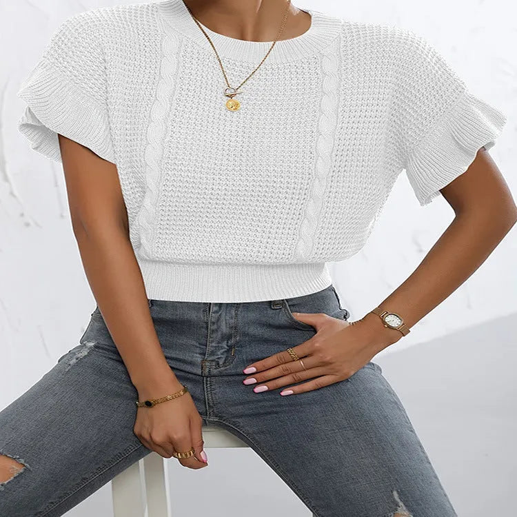 Women's twisted string design knitted pullover sweater with ruffled sleeves in loose fit casual style