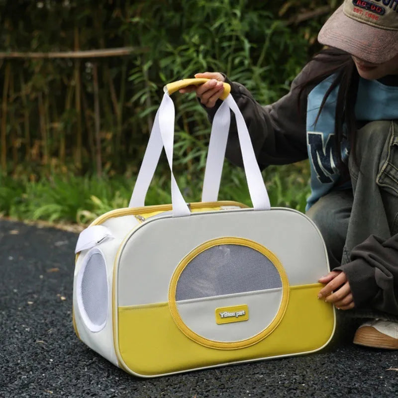 Blue foldable cat backpack made from Oxford cloth with contrast colour pattern and shoulder straps