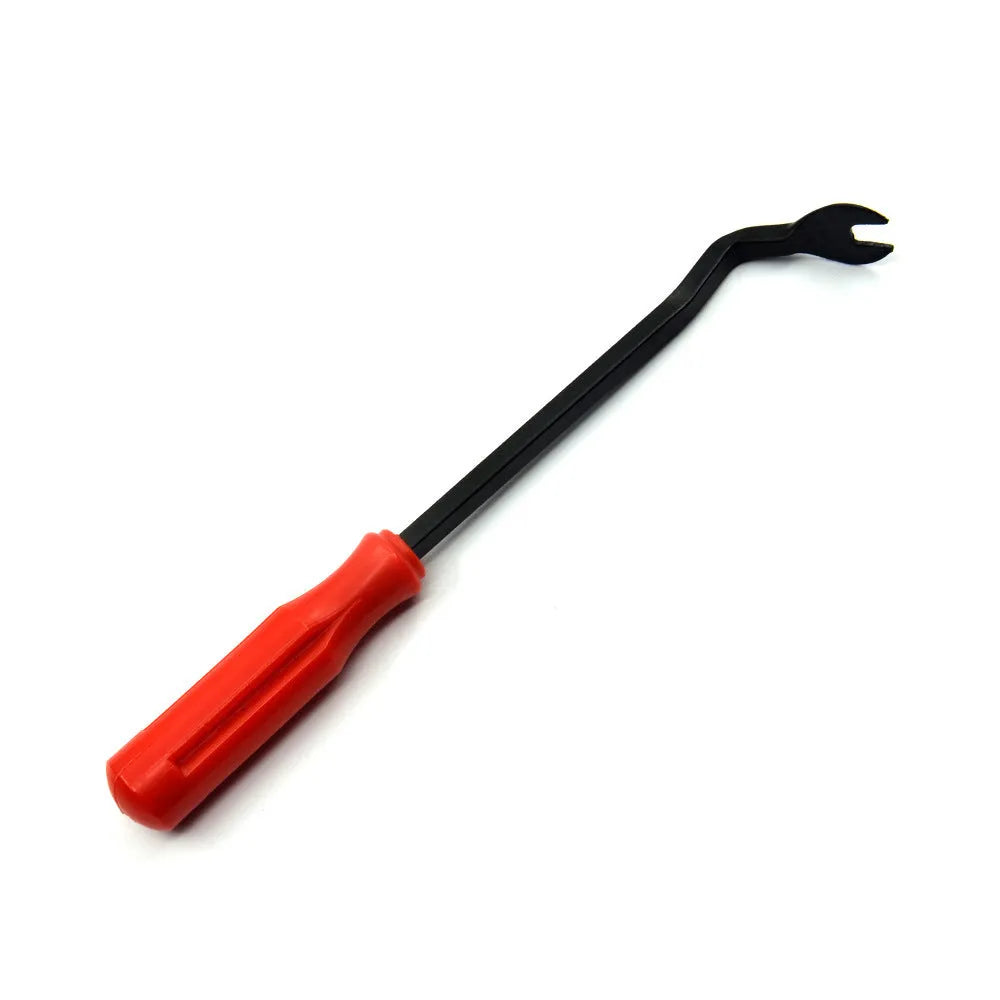 Red-handled steel pliers for automotive door panel clip fastening on GM vehicles.