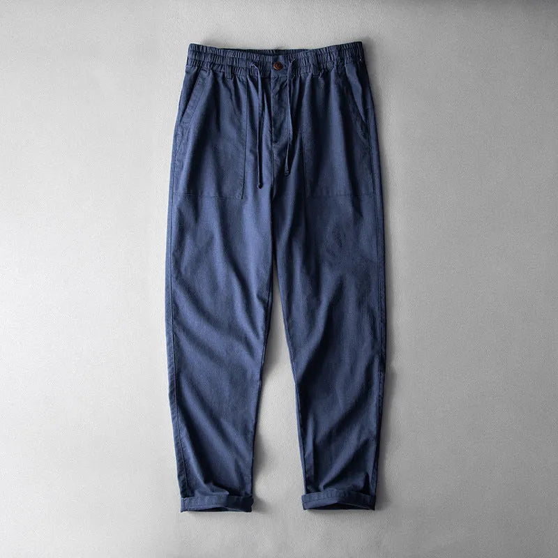 Men's casual linen trousers in navy blue colour with mid waist and traditional trouser length