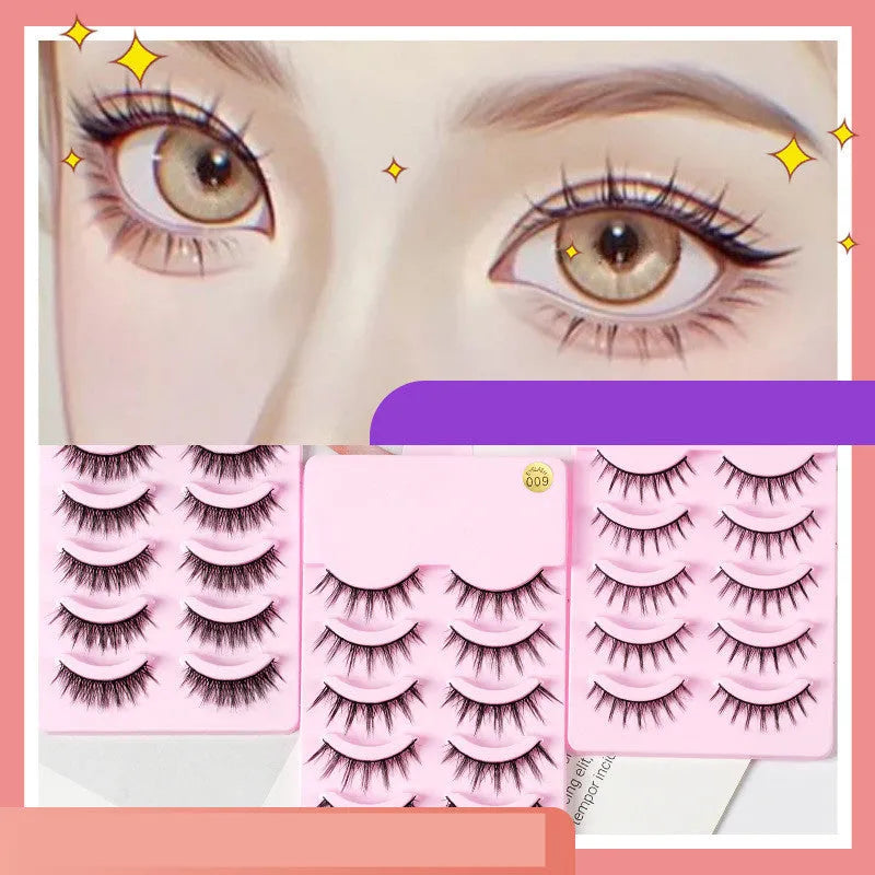 Set of manga style false eyelashes showing three wispy designs on a plastic black terrier base.