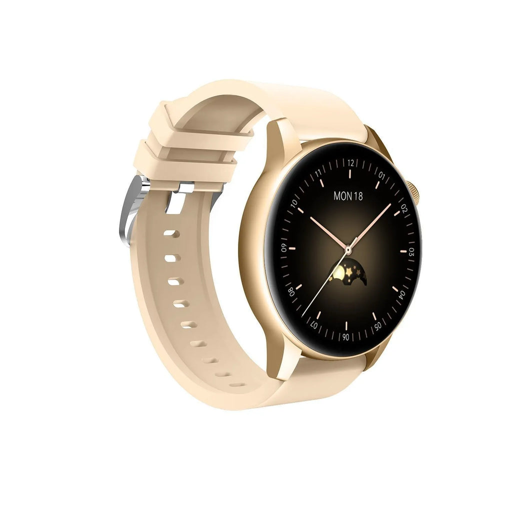 Silver stainless steel smart watch with a colour touch screen on a wrist