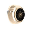 Silver stainless steel smart watch with a colour touch screen on a wrist