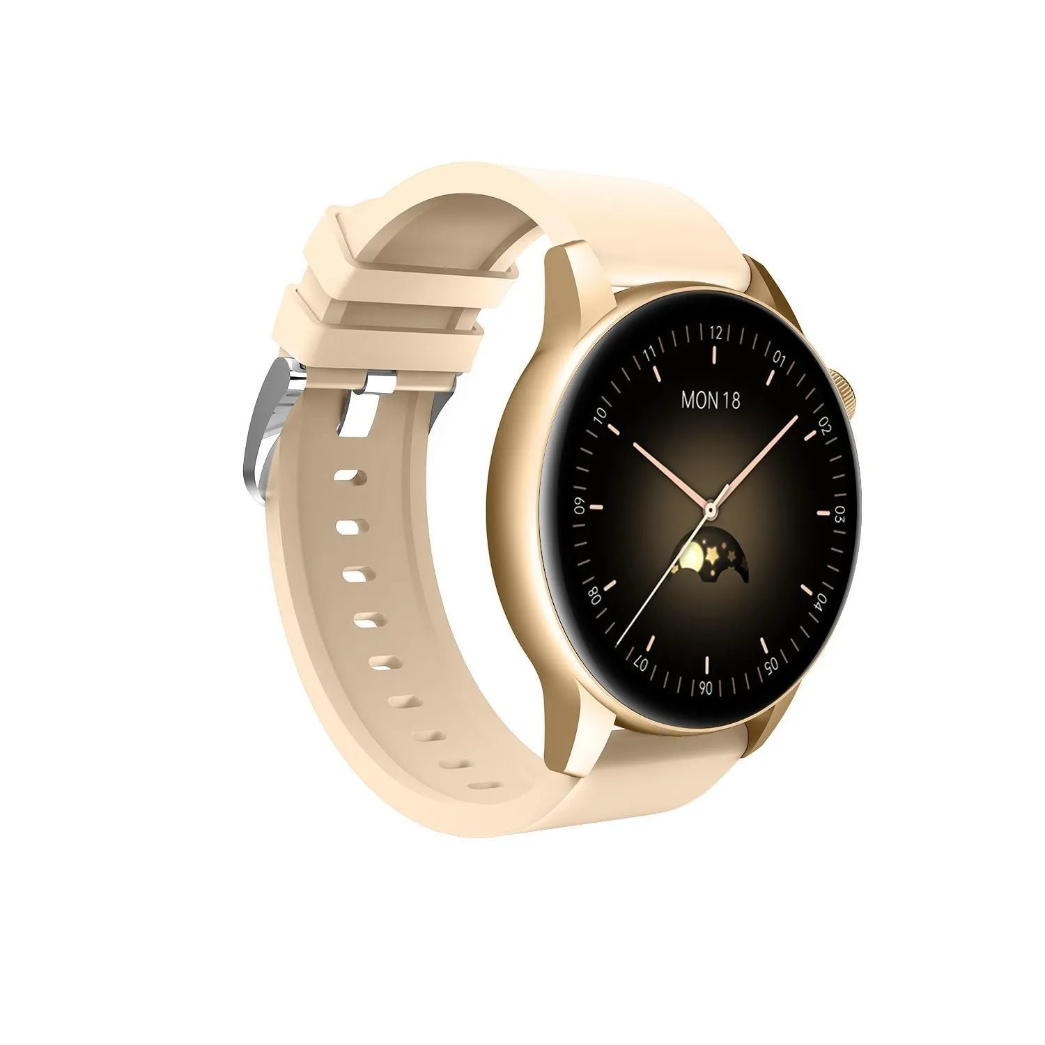 Silver stainless steel smart watch with a colour touch screen on a wrist