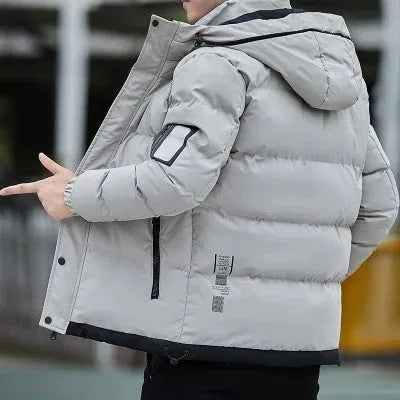 Men casual padded polyester jacket with stand-up collar in black, front view
