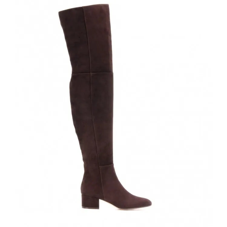 Grey suede women's flat over the knee boots with a pointed toe and thick low heel.