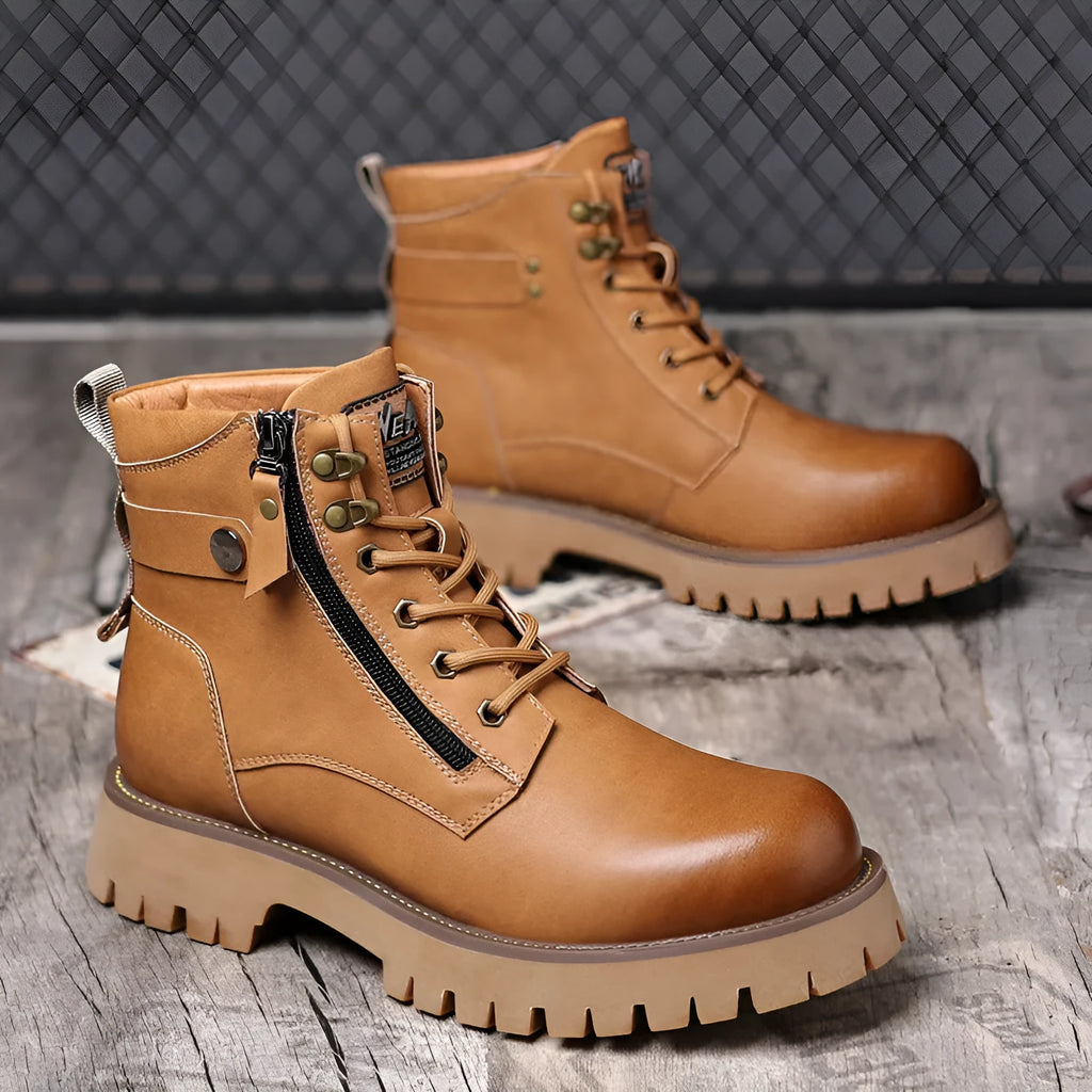 Men's brown leather high-top boots with velvet trim, side zip, and round toe design