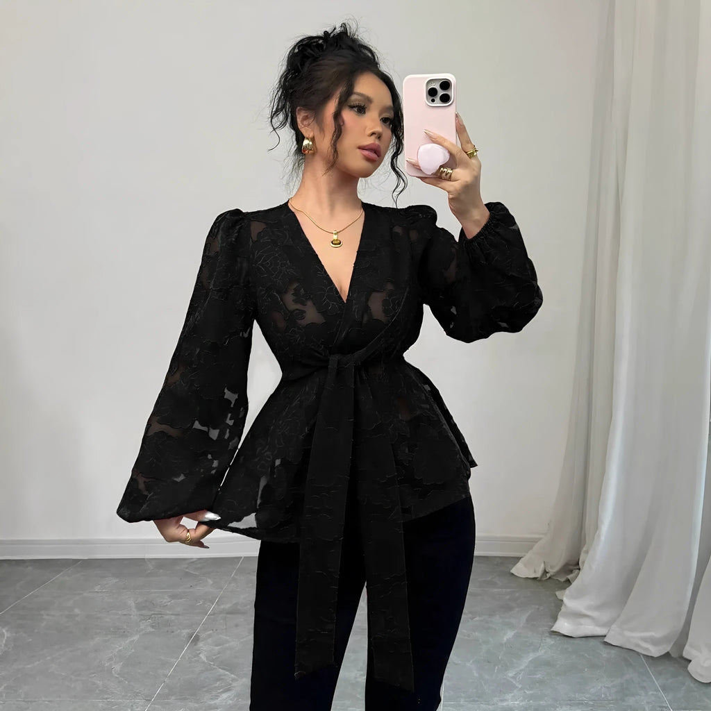 Semi-transparent hollow-out polyester long-sleeved V-neck women's shirt in black with embroidery details