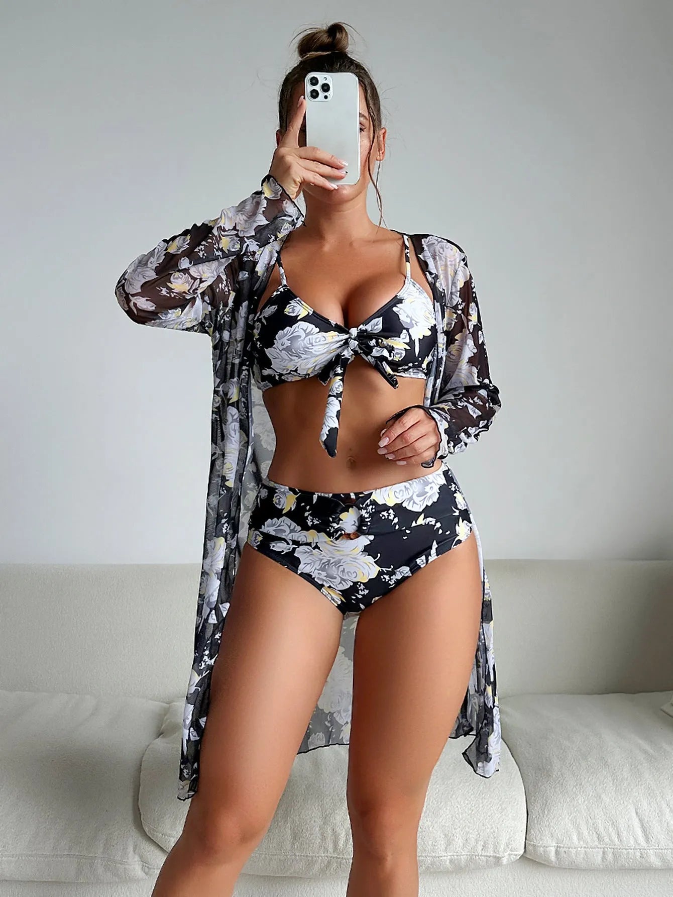 Three-piece printed polyester women's bikini swimsuit set in pattern 2, tight fit, high elasticity, sizes S to XL