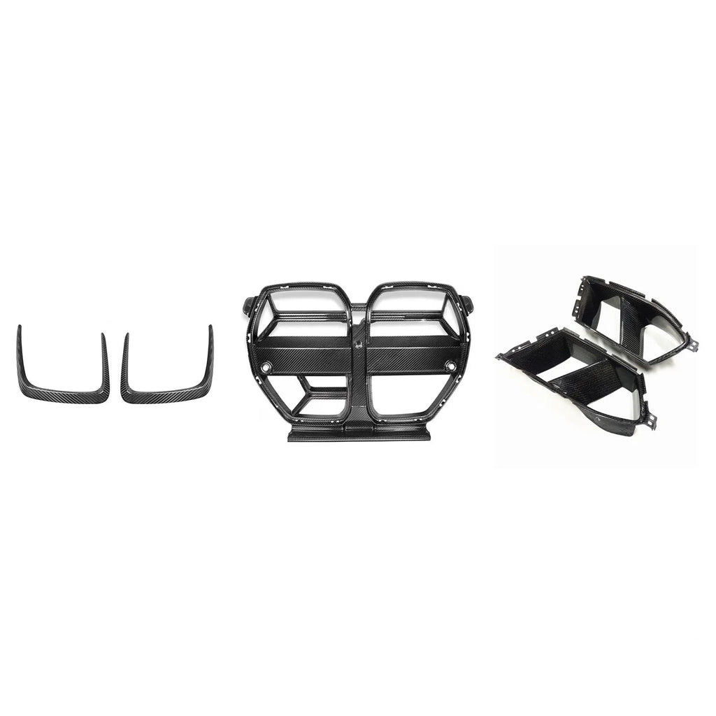 Dry carbon fibre front grille with 3K weave for BMW M3 M4 G80 G82 models in black.