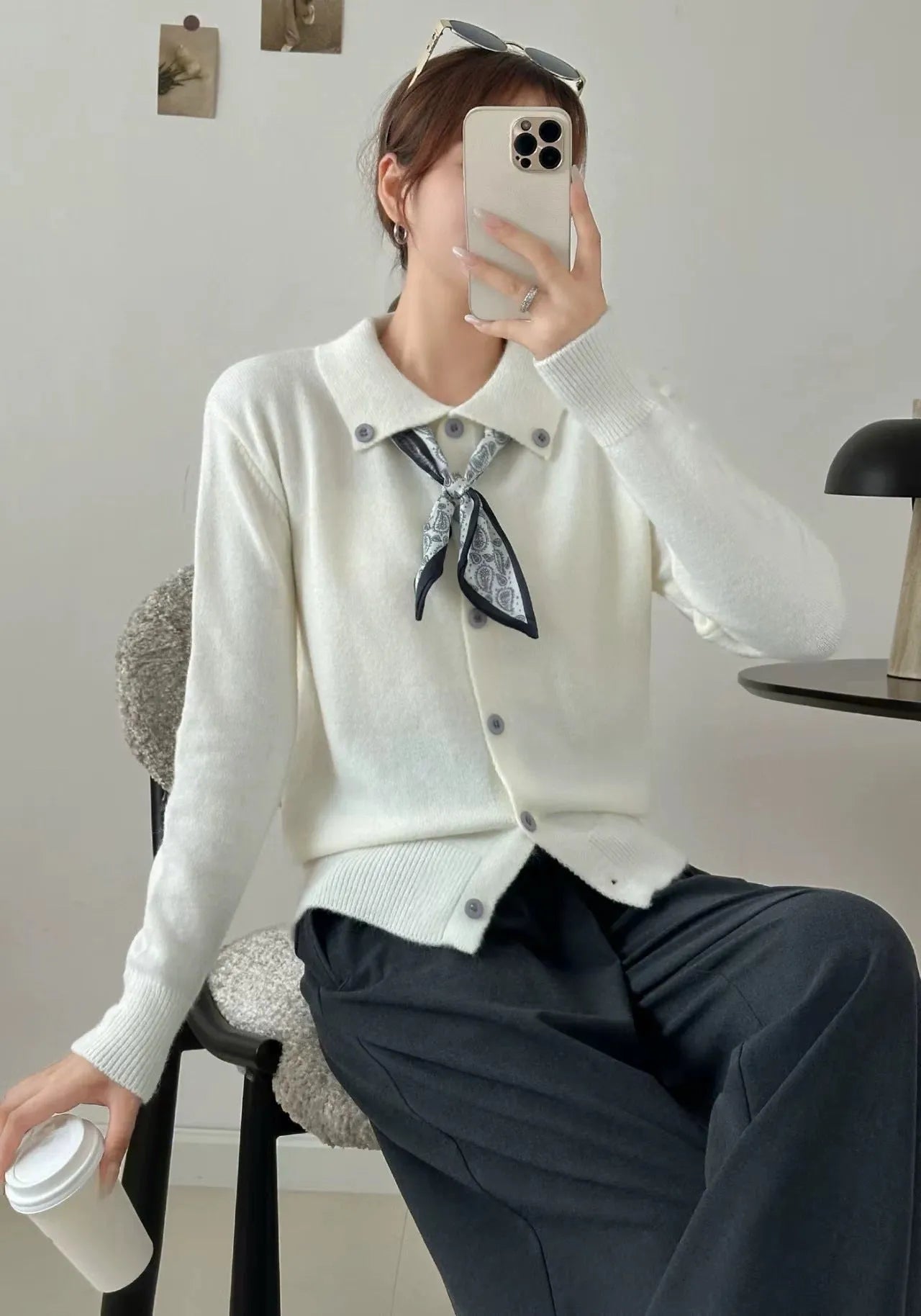 Lapel scarf sweater cardigan in acrylic knit, shown in milky white with splicing detail and long sleeves.