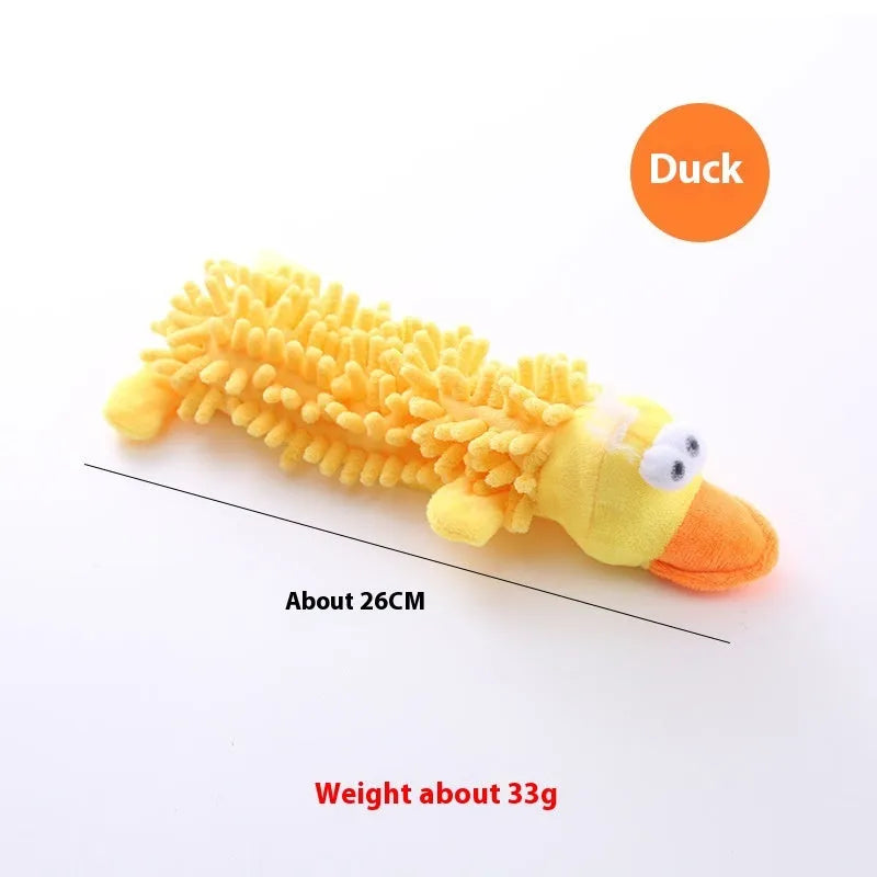 Plush microfibre horse molar dog chew toy showing brown dog, yellow duck, and white chicken designs