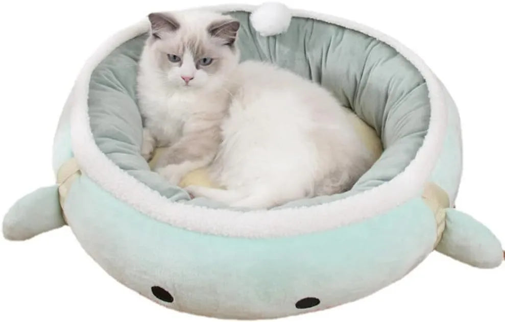 Green or yellow chick or dinosaur shaped cat bed that can be a flat sofa or a hanging hammock for small pets.