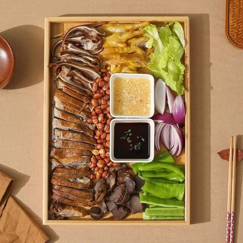 Brown-handled bamboo barbecue tray in square shape with pastoral design