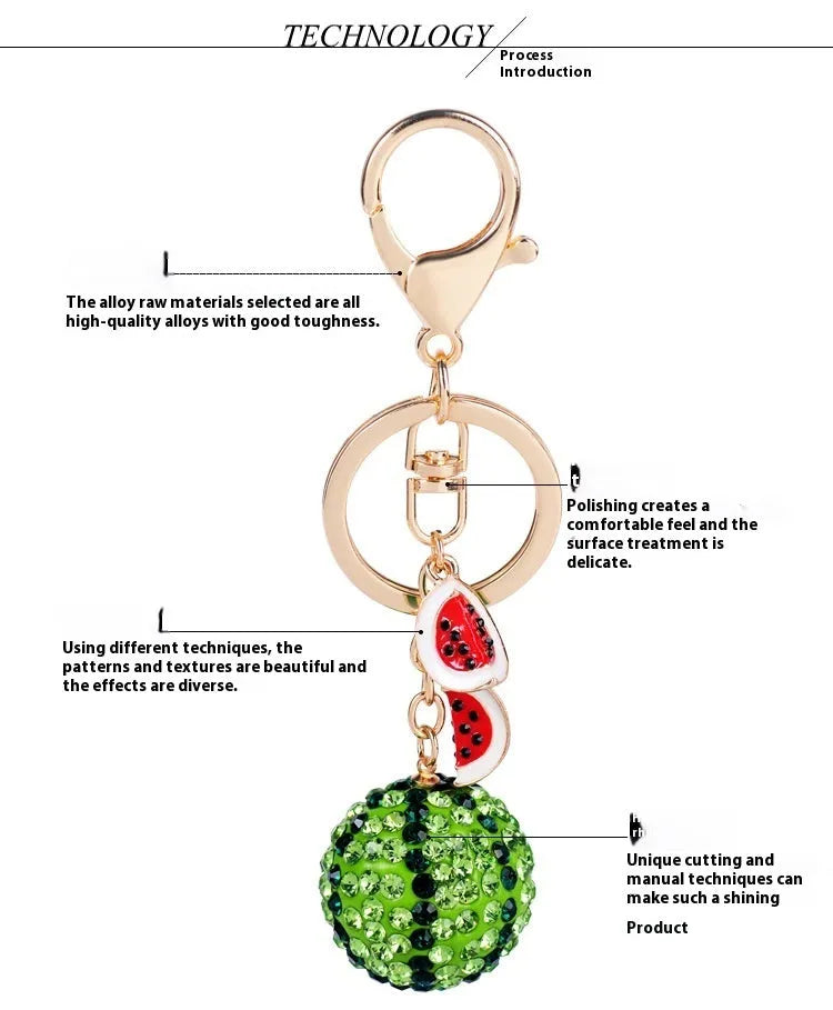 Green watermelon slice zinc alloy keychain measuring 12cm with keyring loop.
