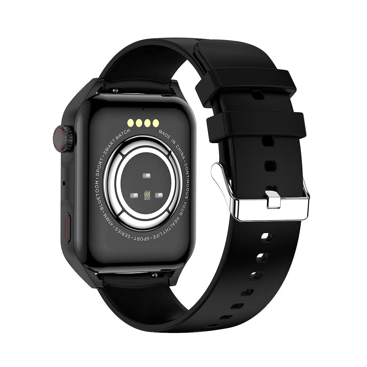 Black smart watch with a 1.8-inch AMOLED screen and a silicone wrist strap.