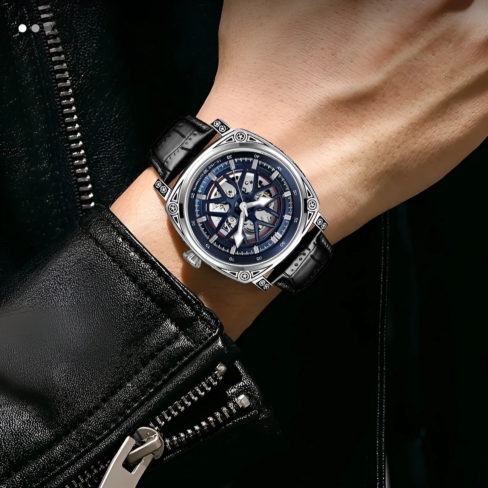 Automatic mechanical men's watch with stainless steel case and blue leather strap.