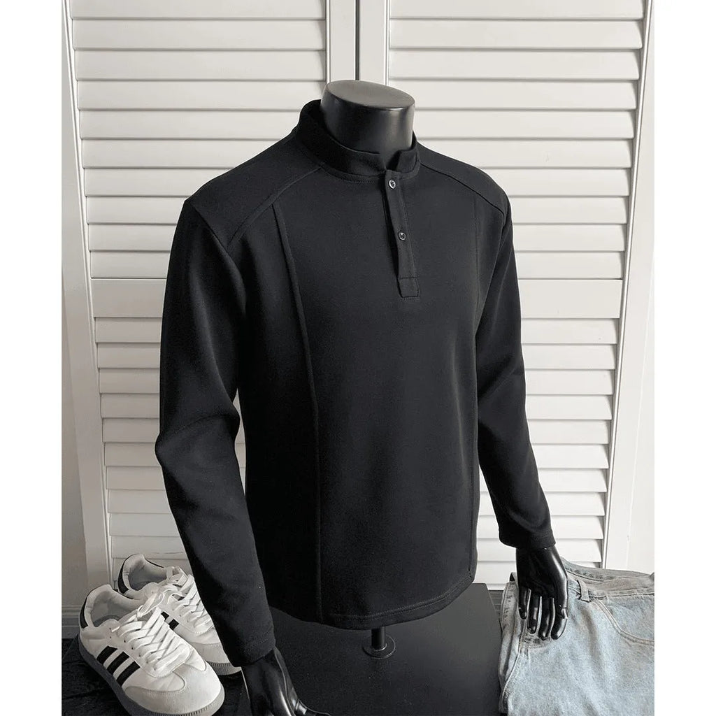 Men's loose-fit polo shirt with an asymmetric patchwork stand-up collar in heather grey