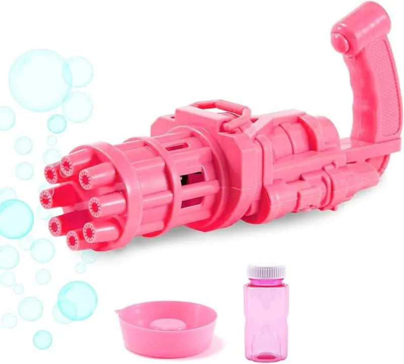 Kids pink bubble machine gun toy with leaf blower design on green grass