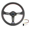 Leather 14-inch steering wheel with a concave rim profile and three-spoke design on a black background.