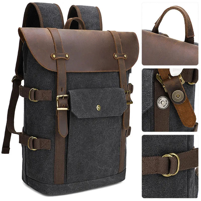 Solid colour canvas computer backpack with USB charging port and curved shoulder straps
