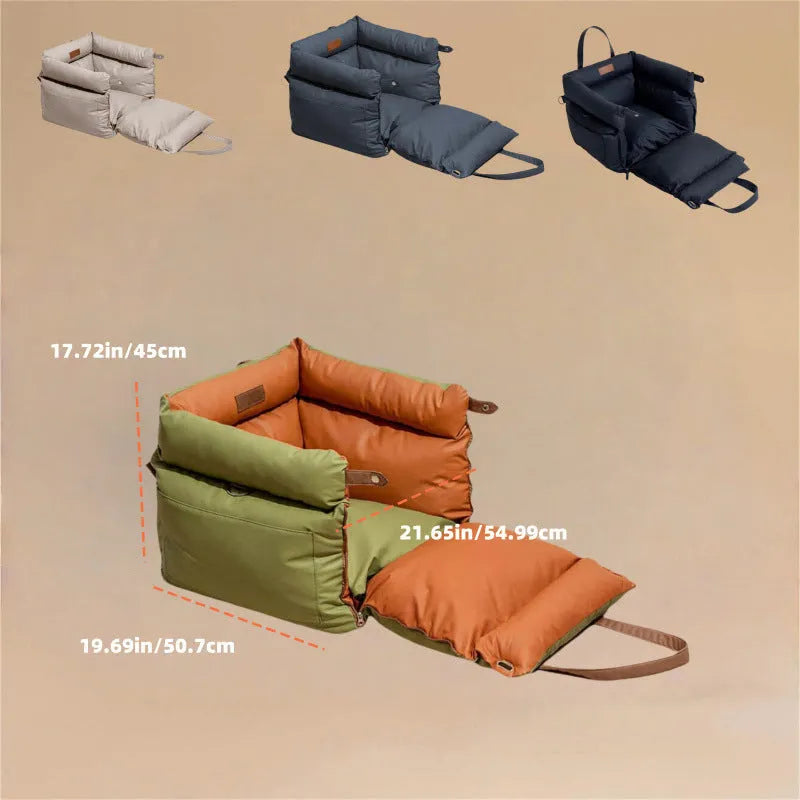 Green removable washable dog car nest with waterproof PU base, shown in a car boot