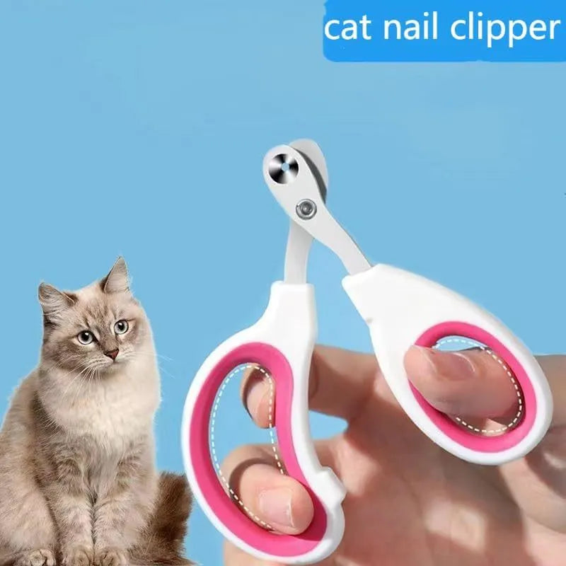 Blue pet nail clippers with circular cut hole and non-slip handles on a white background.
