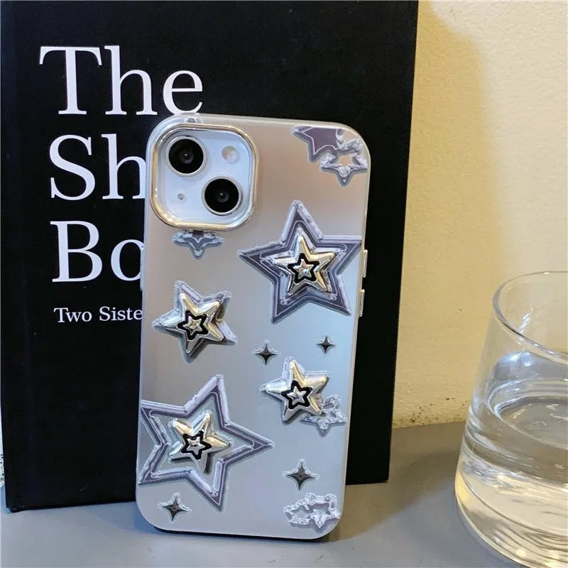 Silver gray acrylic hard phone case with electroplated three-dimensional star pattern for iPhone