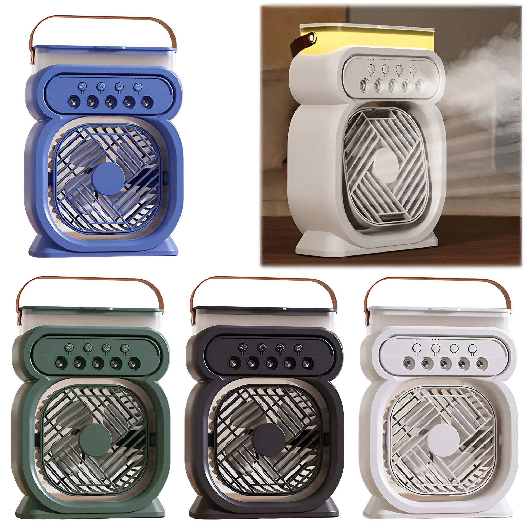 Black portable evaporative air cooler with humidifier tank and multi-colour LED lights on a desk