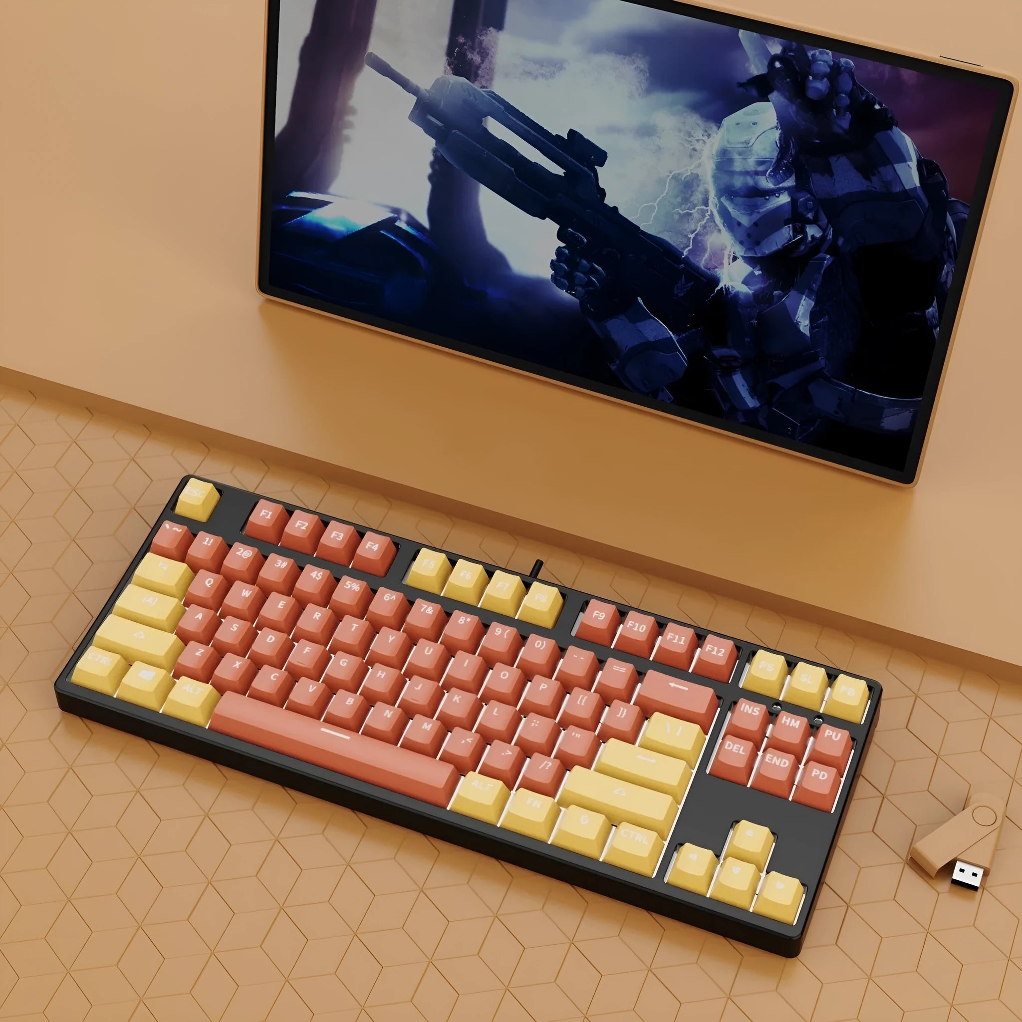 87-key wired mechanical keyboard with two-tone keycaps, shown with switch puller and cleaning brush