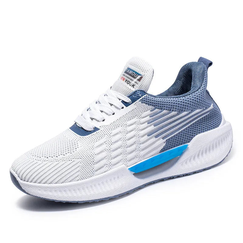 Men's blue casual mesh sports shoes with round toe and fabric upper on a wear-resistant sole.