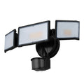 White and black versions of a 120V LED motion sensor security flood light for wall or ceiling mounting.