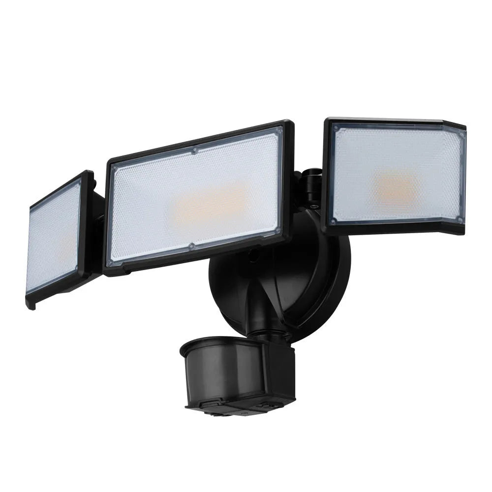 White and black versions of a 120V LED motion sensor security flood light for wall or ceiling mounting.