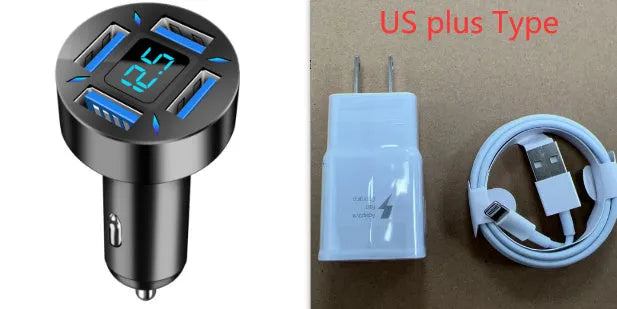 Black four-port USB car charger with LED voltage display plugged into a car socket.