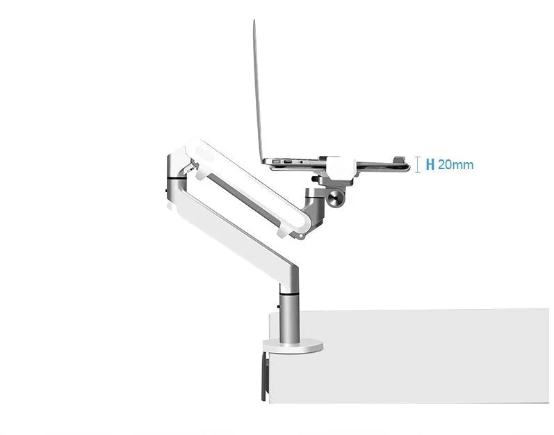 Silver aluminium laptop stand with an adjustable air-pressure arm holding a notebook