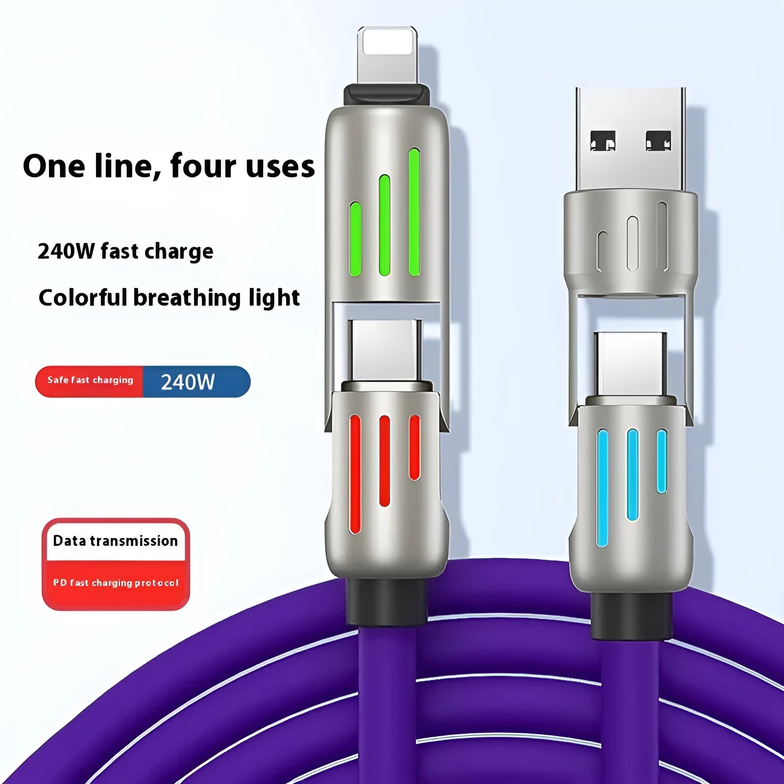 Purple four-in-one silicone data cable with breathing light indicator 1-2m