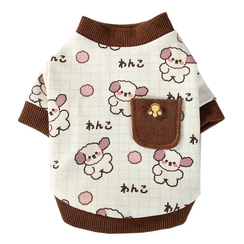 Warm velvet two-legged pet clothing with pockets, blue and brown, for small dogs and cats