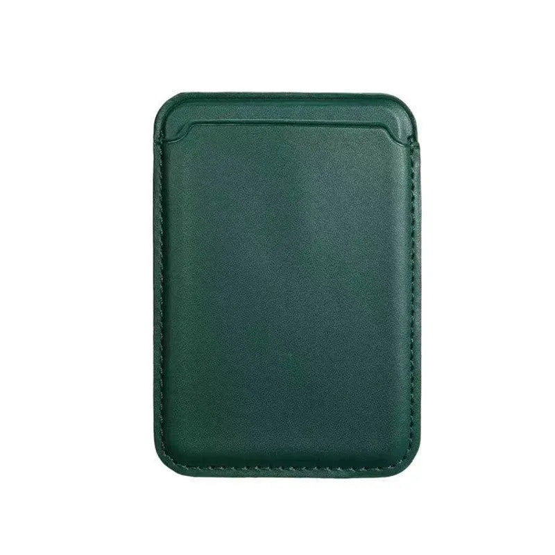 Black PU leather iPhone case with a magnetic card holder slot on the back.
