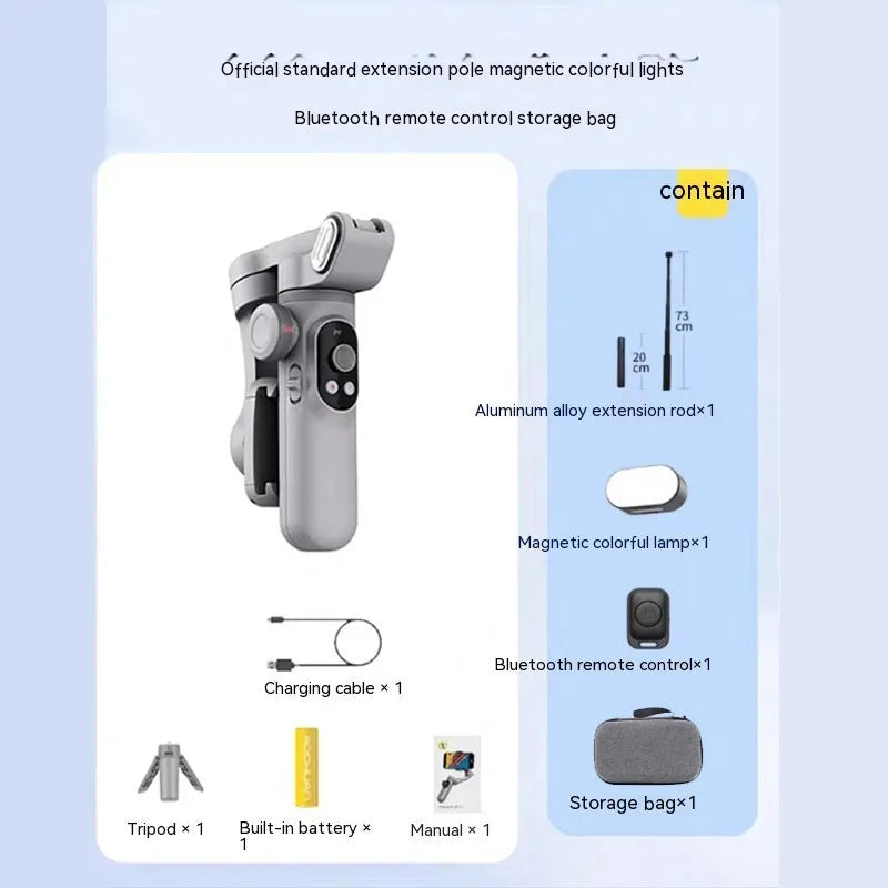 Silver grey smartphone gimbal stabiliser with extended arms and Bluetooth remote on a black background.