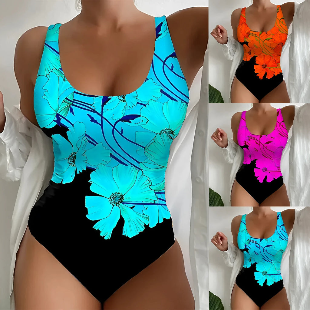 Women's 3D printed one-piece swimsuit in orange red, purple, and sky blue colour options
