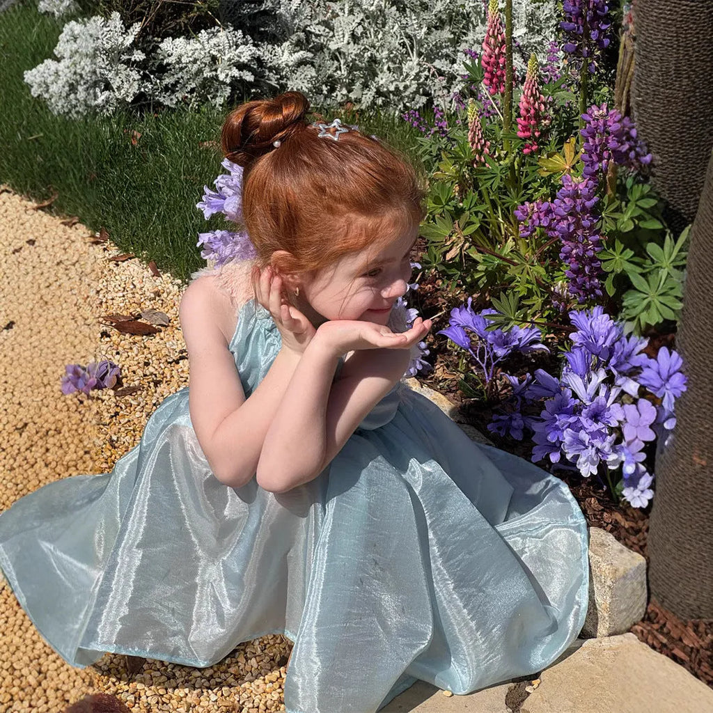 Girls backless sleeveless dress light blue suspender style cotton lined 90-140cm children summer wear