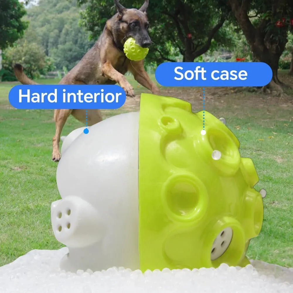 Durable rubber dog chew ball in multiple colours with squeaky sound and teeth-cleaning bumps.