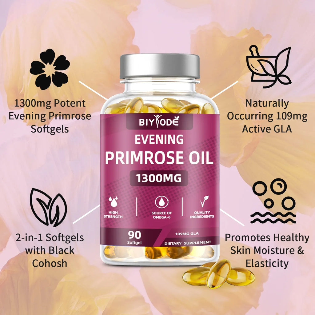 Evening primrose oil herbal soft capsules bottle with 90 capsules for women's health supplement