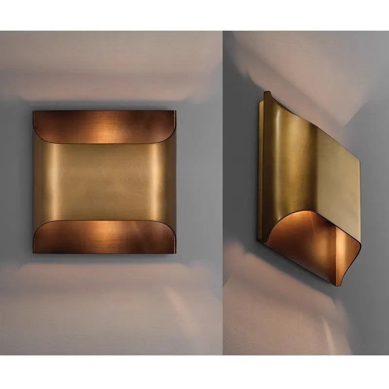 Modern minimalist full copper wall lamp in brushed copper finish, square shape, 20cm x 20cm size