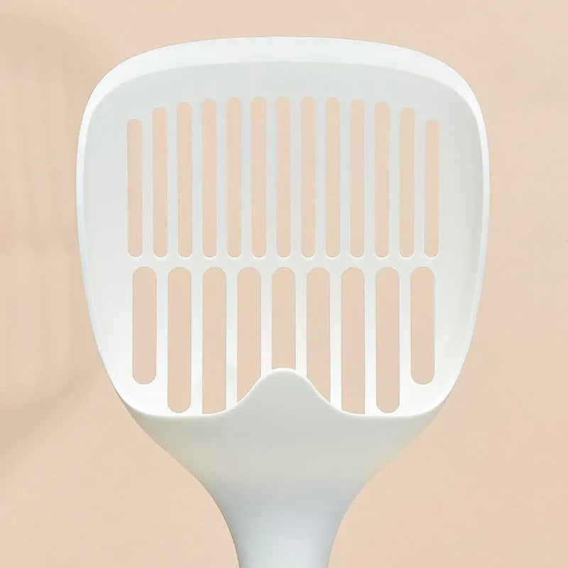 White plastic cat litter scoop with base, 29.5 x 12.8 cm, for cleaning cat litter trays